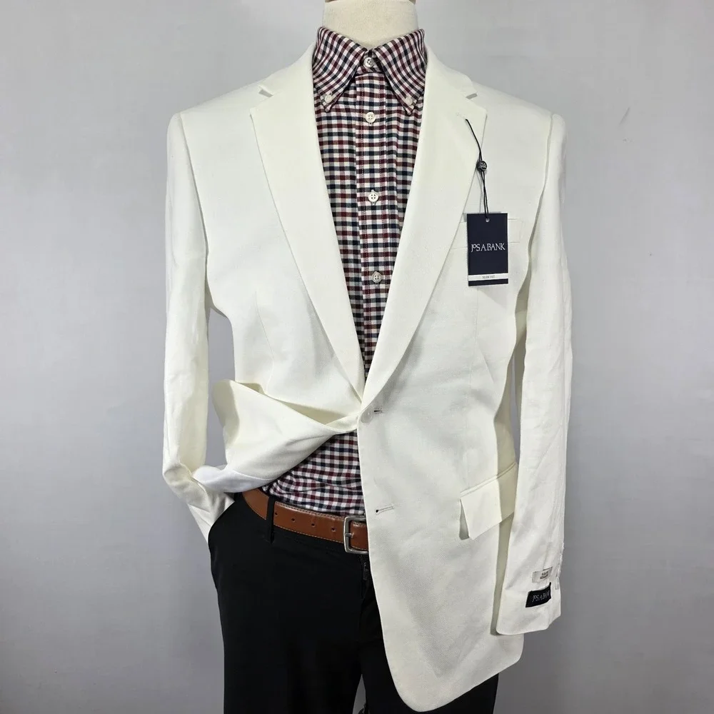 NEW - JOS A BANK Men's Suit Separate Jacket‎  White Linen Cotton Blend 42R SLIM